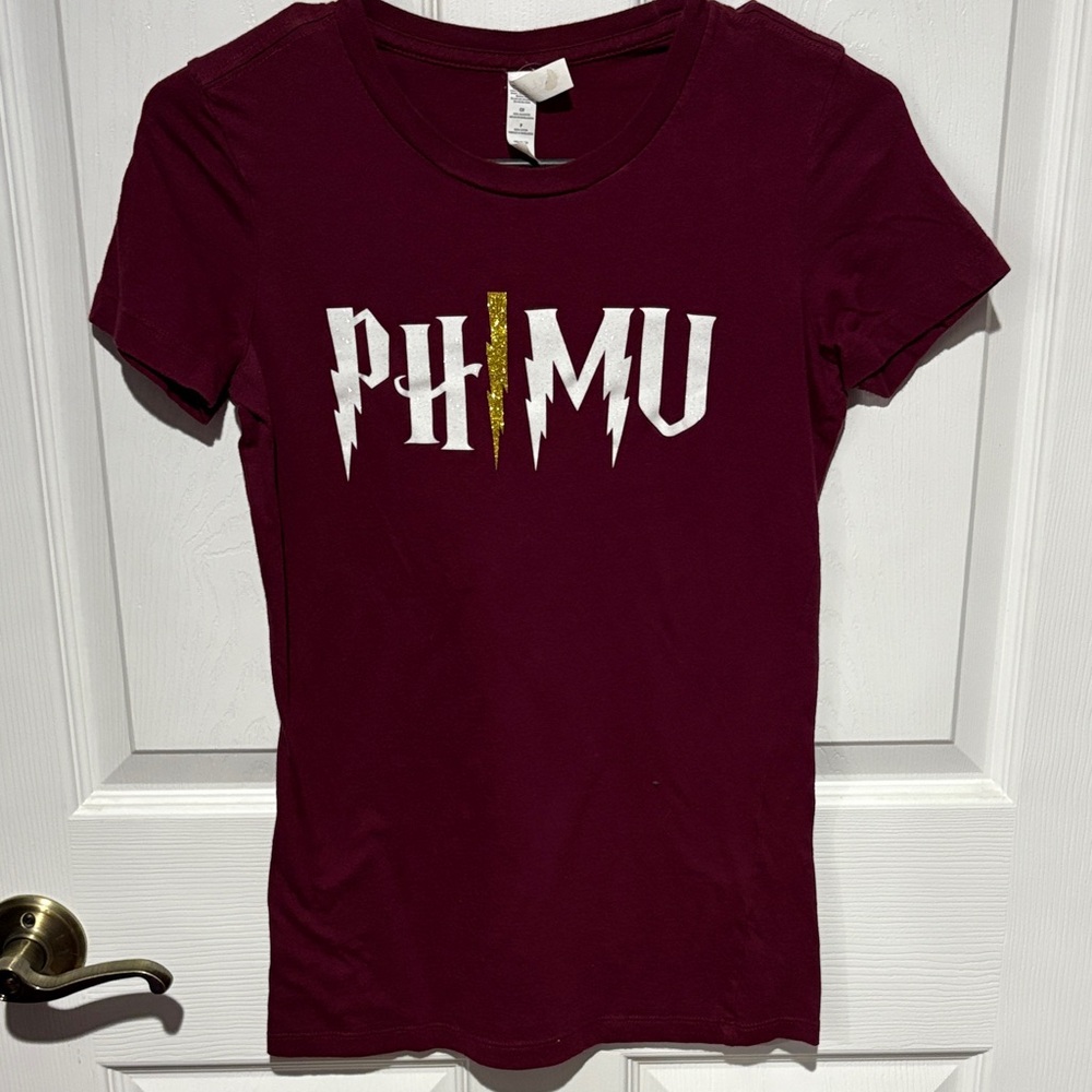 Burgundy Harry Potter font Phi Mu Bella T-Shirt